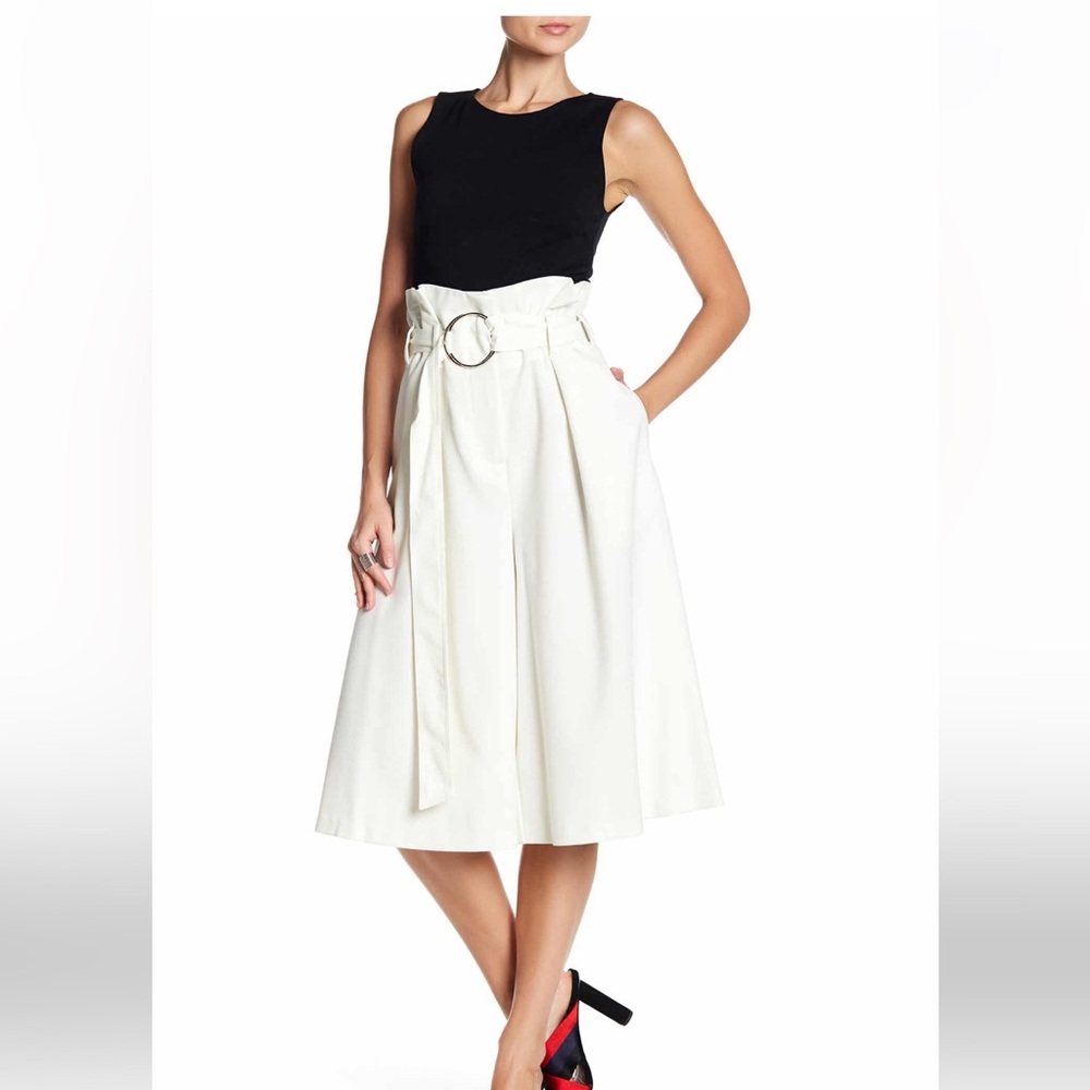ABS by Allen Schwartz White Belted Cropped Wide Leg Trousers Culottes Pants 0 2